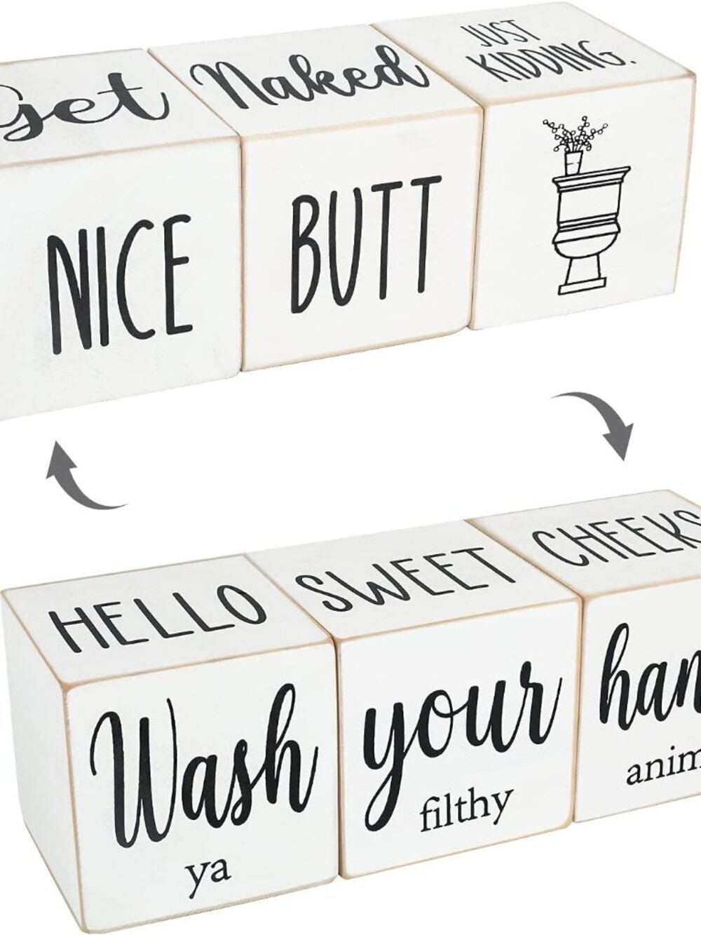 Funny Farmhouse Bathroom Decor and Accessories for Shelf, 4-Sided Wooden Blocks